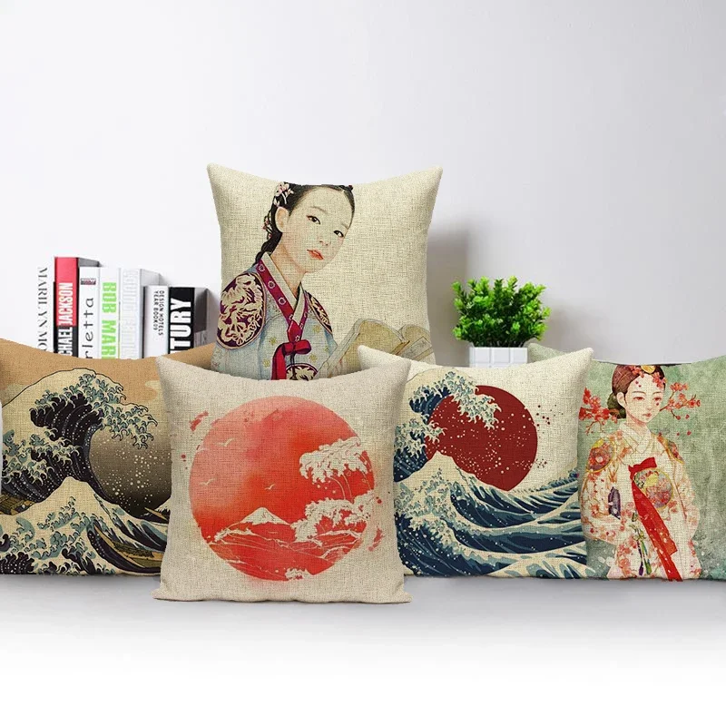 Japanese Style Mountain Sea Waves Sunrise Cushion Cover for Sofa Home Decor Pillow Cover Car Chair Square Pillowcase