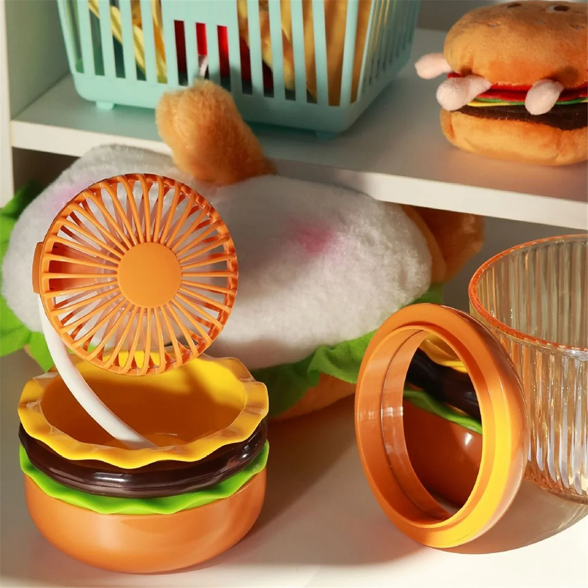 Mini ventilador recarregável 500mAh Ventilador de mesa multifuncional em formato de hambúrguer 3 velocidades incluindo ventilador universal de espelho, A