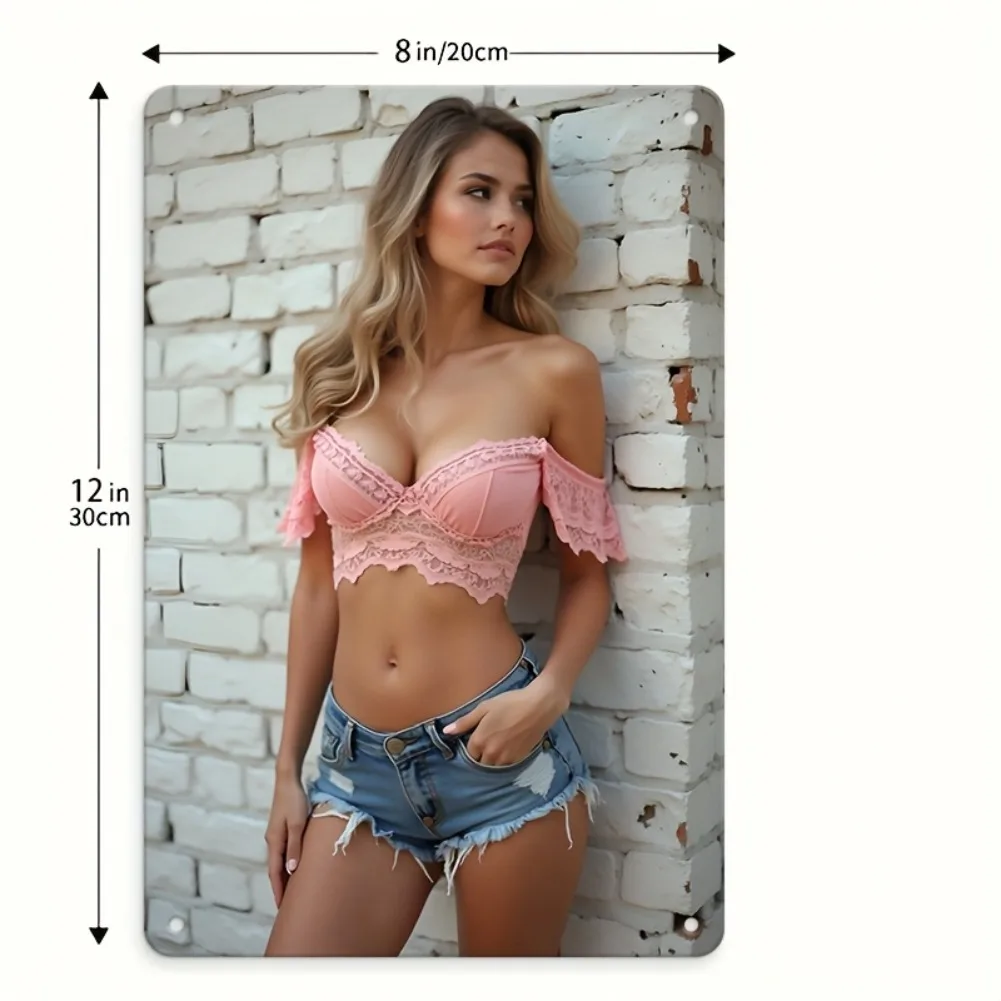 [2D Flat] 1 Stück Vintage-Bikini-Pin-Up-Wandschild aus Metall – 20,3 x 30,5 cm, rosa schulterfreies Design, Retro-Kunstwerk für Restaurants
