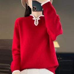 Autumn Winter Women New Wool Blend Sweater Chinese Style Standing Collar Pullover Bottoming Shirt Casual Warm Knitting Top