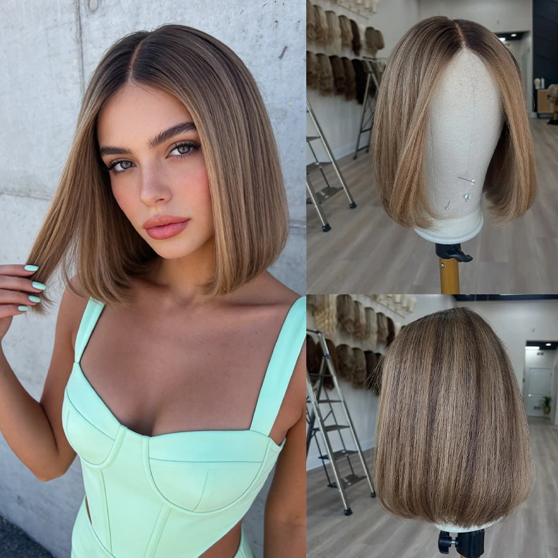 

150% Density Ombre Brown with Blonde Streaks Balayage Wig Synthetic HD Lace Front Wig Short Straight Bob Natural Hairline 14''