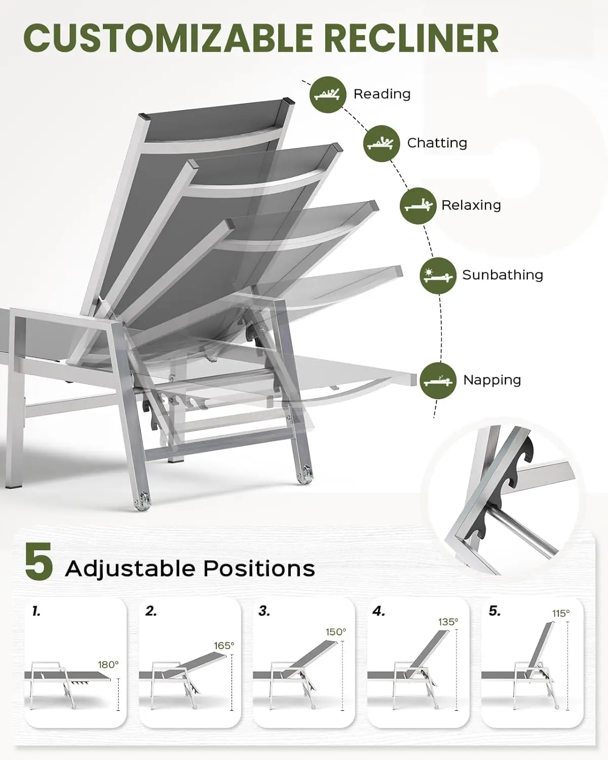 طقم صالة تشيس للفناء الخارجي مكون من قطعتين مع عجلات، كرسي قابل للتعديل، مساند للذراعين، رمادي داكن #4