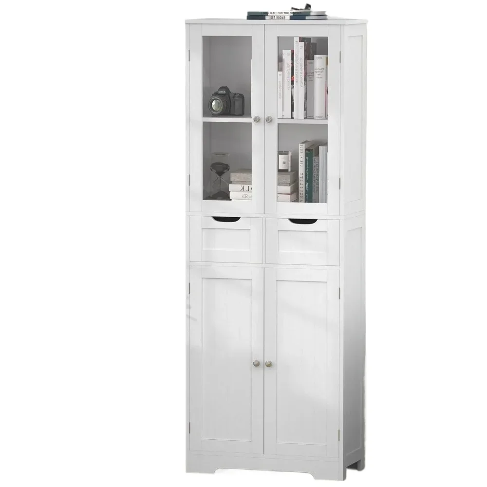Pour rangement pour salle de bain, grande armoire HOStorage de67 ", armoire en lin autoportante avec portes en verre et étagères