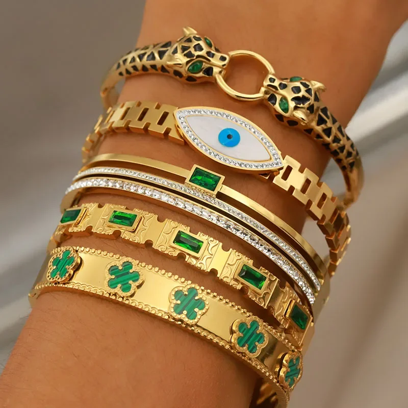 New Sight Stainless Steel Crystal Eyes Bangles&bracelets for Women Fashion Brand Jewelry Flower Leopard Bangle Party Accessories