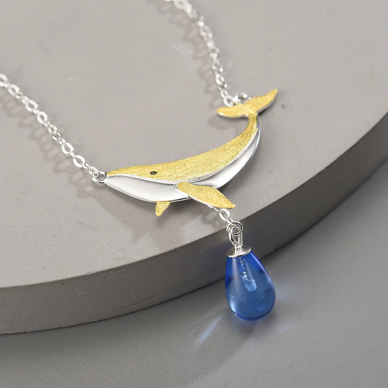 Lotus Fun Moment Natural Crystal Tears of Blue Whales Pendant Necklace for Women Real 925 Sterling Silver Chains Fine Jewelry