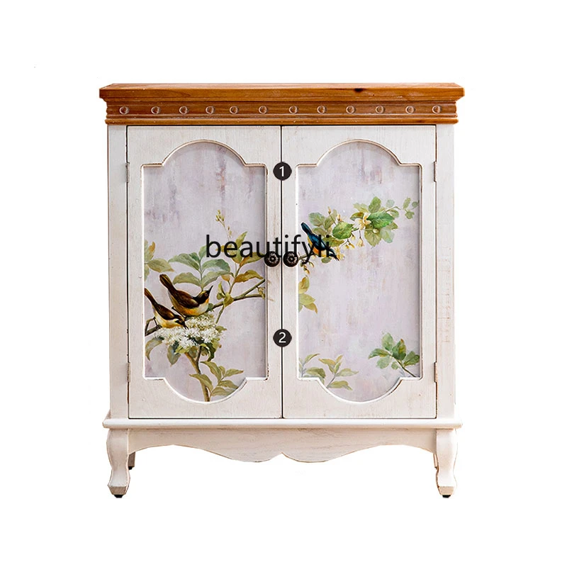 

Pastoral Painted Entrance Cabinet Solid Wood Living Room Retro Dining Side Locker Traditional Art Furniture