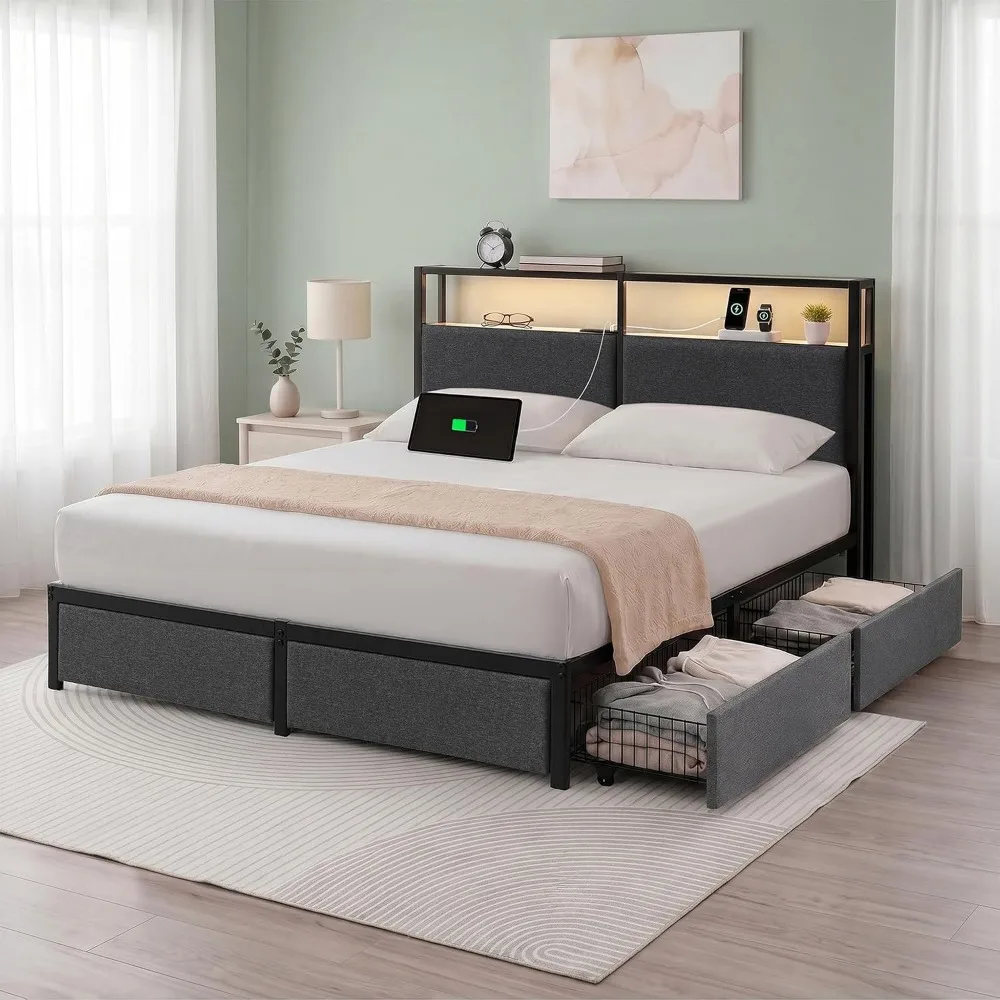 Four Underbed Drawers, Full | Space-Saving Two-Tier Headboard Storage, Mood Setting RGB LED Lights,
