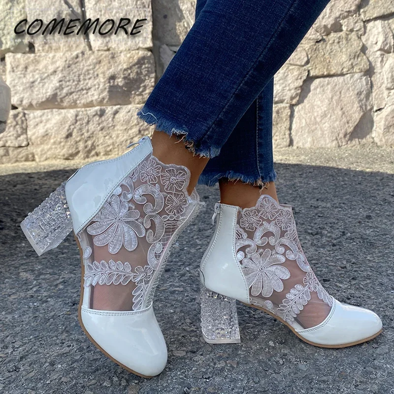 Autumn New Sexy Black Mesh Embroider Ankle Boots for Women Summer Crystal Square Heels Boots Woman White Lace Short Botas Mujer