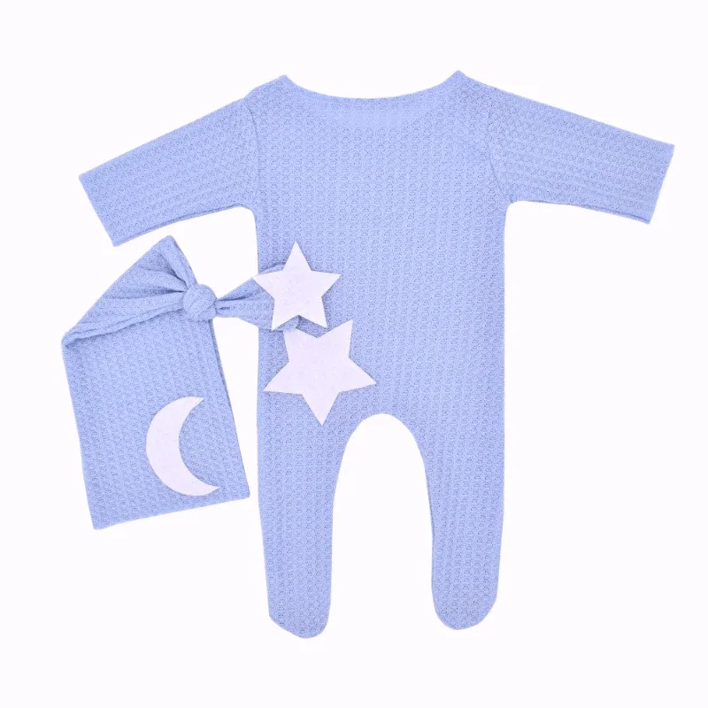 Newborn Baby 0 1 2 3 Months Photography Clothes Star Moon Decorative Knitted Jumpsuit Long Tail Hat Two-piece Suit Footed Romper