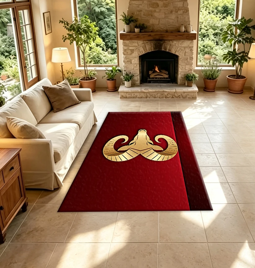 Aries Zodiac Symbol Carpet Floor Decoration Luxurious Golden Goat Head Art Pattern Red Background Floor Carpet Suitable for Home Room Decoration