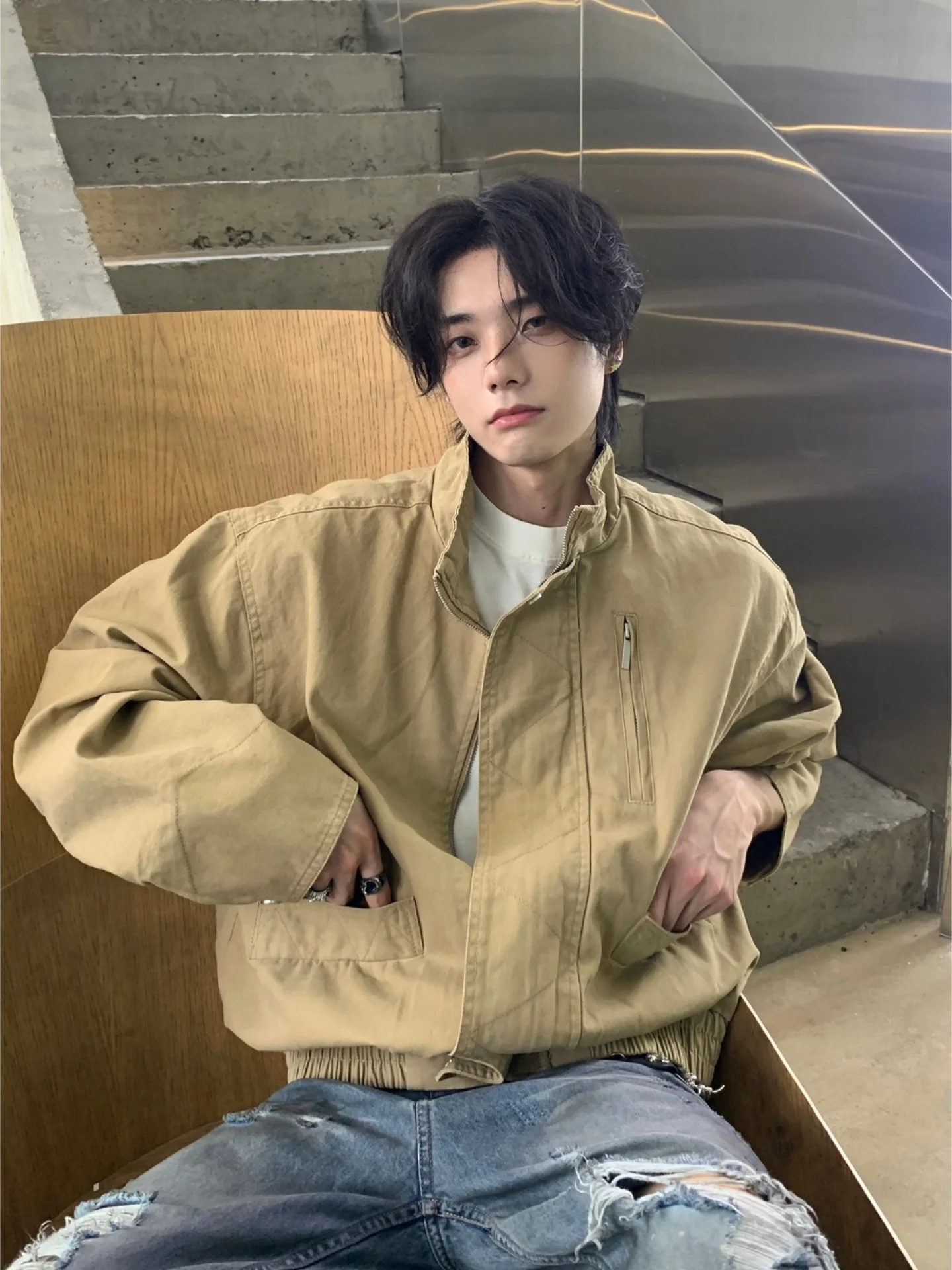 American Retro Workwear Jacket Loose Fit High Street Style Men's Boxy Version Stand Collar Flight Coat Youth Popular Summer