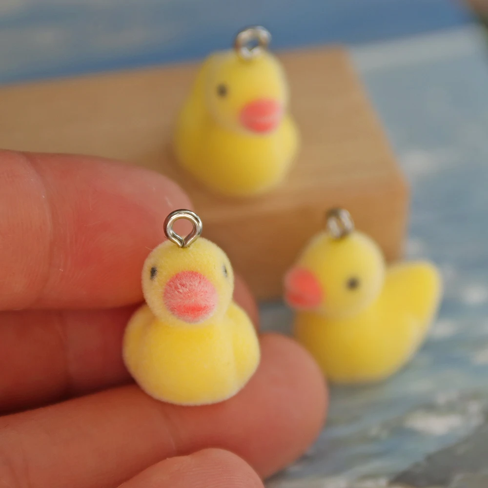 30pcs Fluffy Flocking Animal 3D cartoon Ducklings Charms Miniature Dolls Keychain Necklace Pendant for DIY Crafts Jewelry Making