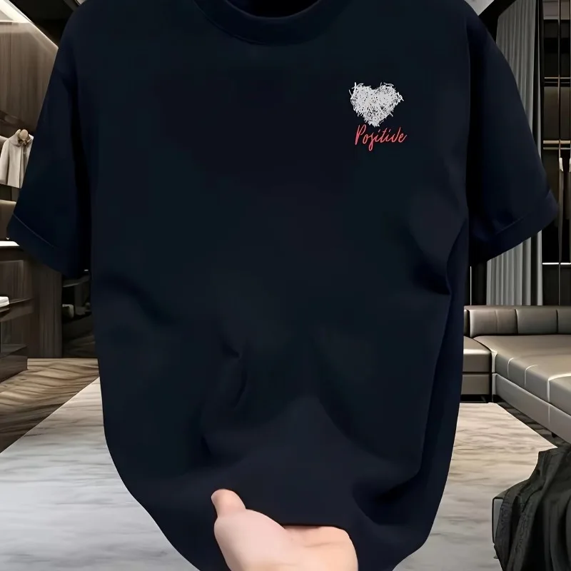 تي شيرت رجالي برسومات قطنية ثقيلة الوزن - أسود هندسي مطبوع عليه قلب فضفاض مناسب للصيف كاجوال ملابس رجالية مريحة