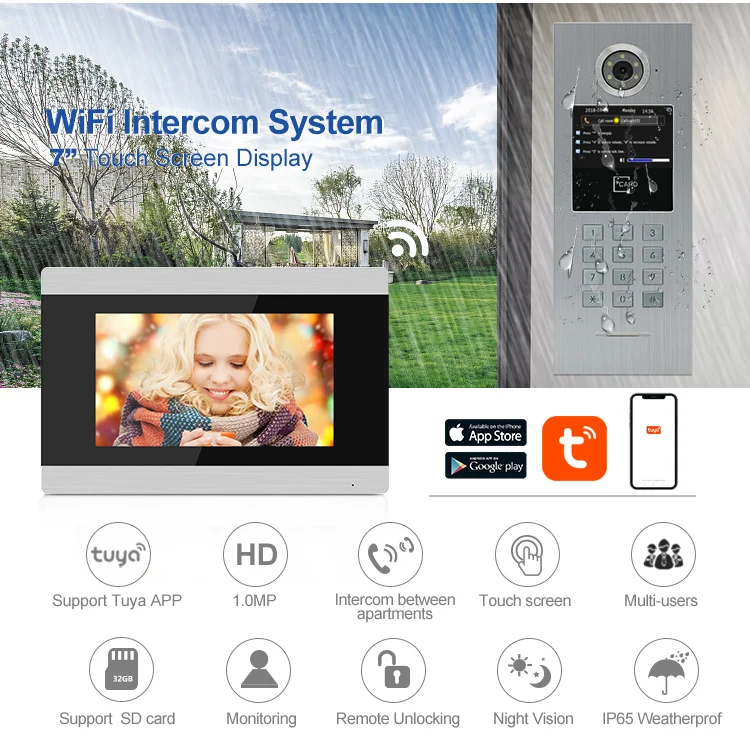 7 Inch Video Intercom For Apartments Touch Screen RFID Card/password/APP To Open Gate Tuya Video Doorphone