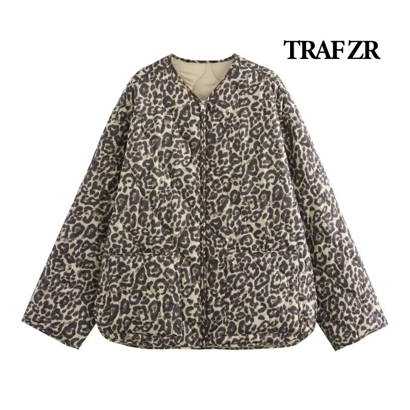 TRAF ZR Snow Parka Vintage Leopard Print Padded Coat Warm Woman Winter Coats American Retro Parka Elegant Luxury Women\'s Coat