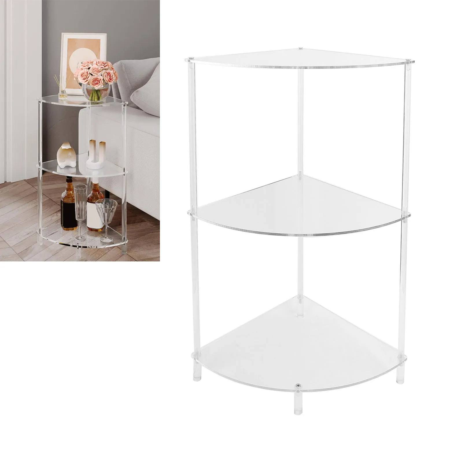 

3 Tier Corner Table Rack Multifunctional Acrylic Wall Side Table for Bedroom Bathroom Living Room 30 x 30 x 65cm