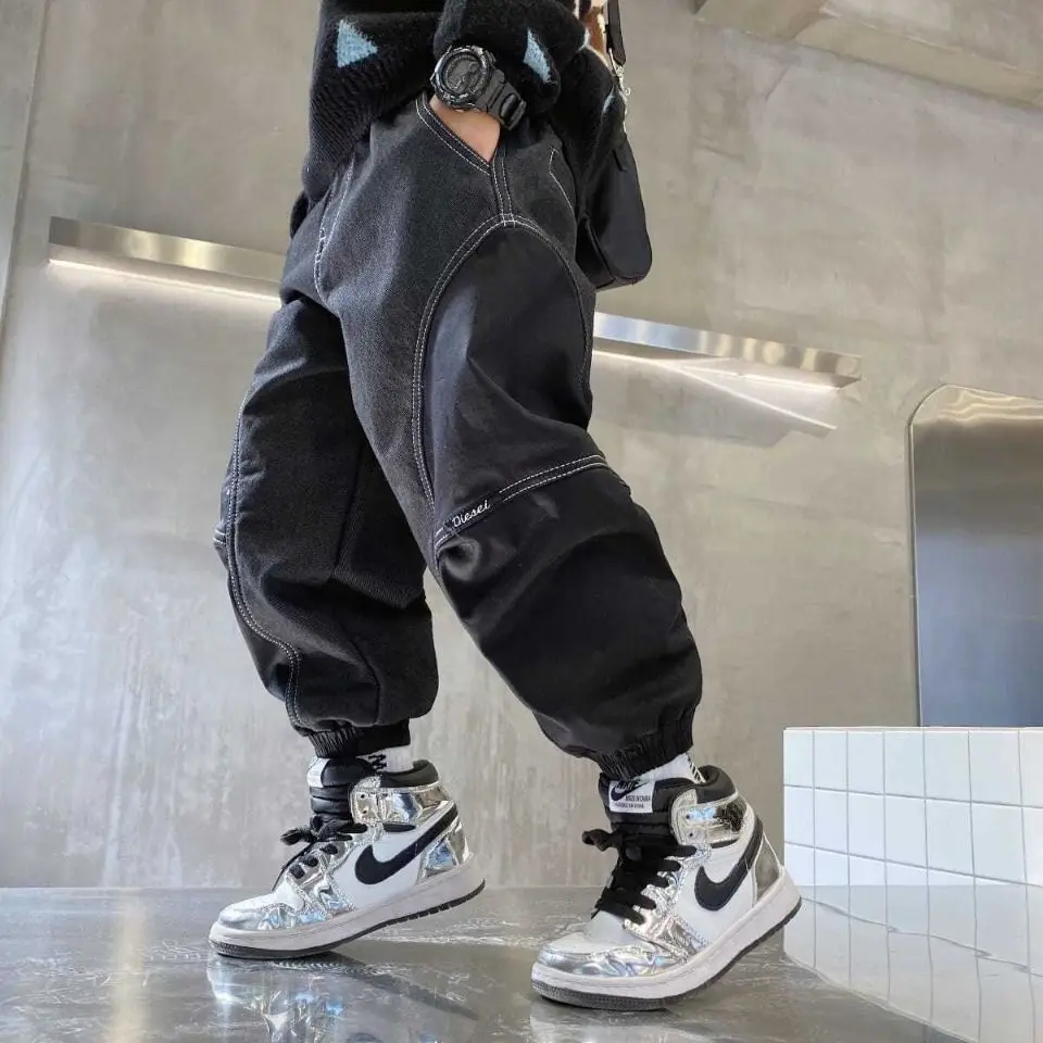 

3-12TBoys loose spring and autumn jeans new fashionable autumn children's denim splicing casual pants medium and large childre