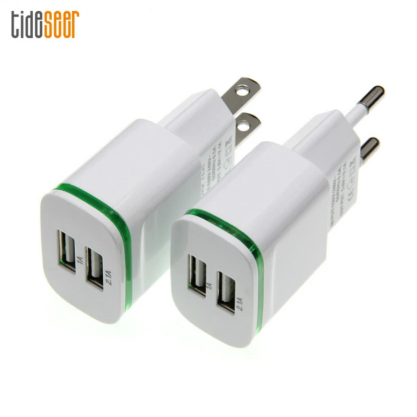 

100pcs EU/US Plug Dual 2 Port LED Light USB Charger 5V 2A Wall Adapter Mobile Phone Micro Data Charging for iPad iPhone Samsung