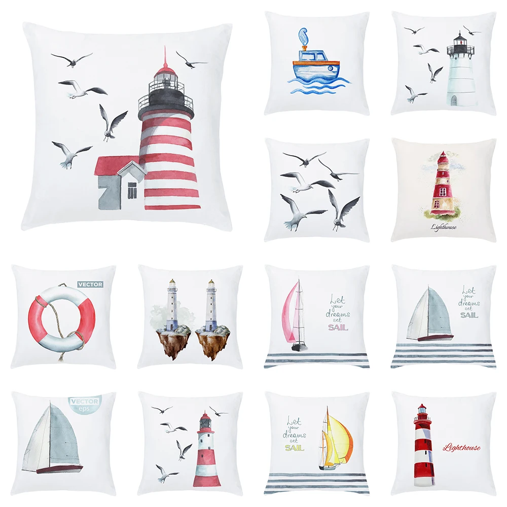 Sailing ship lighthouse pattern Double-sided Printed pillow cover Short plush Suitable living rooms sofas throw cushion cover