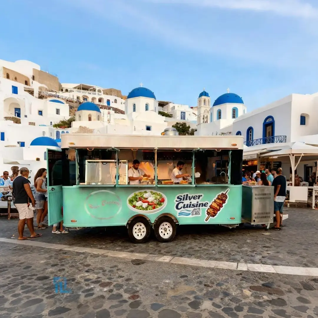 

Outdoor Food Trailer Main Body Mint Green & Light Beige Nostalgic Exterior Design Custom Trailers Mobile Kitchen Sandwich Bar