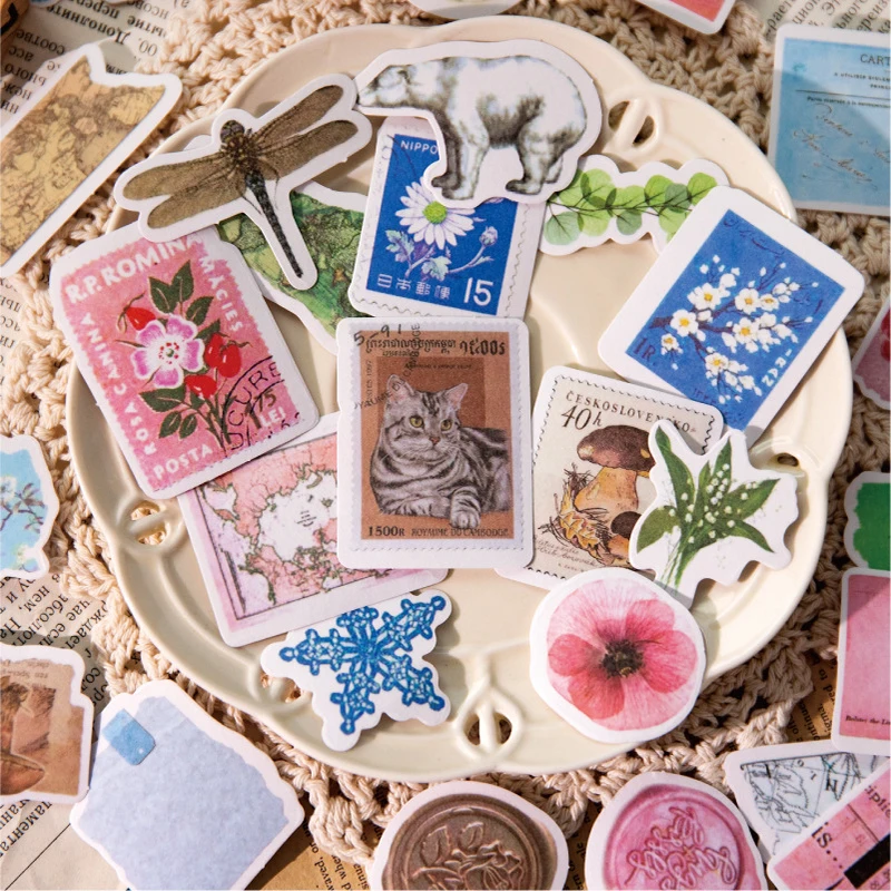 

40Pcs Stickers Square Decorative Stamps literary Flowers Background Ice Valley Blue Material Flowers bloom Backing Scrapbook