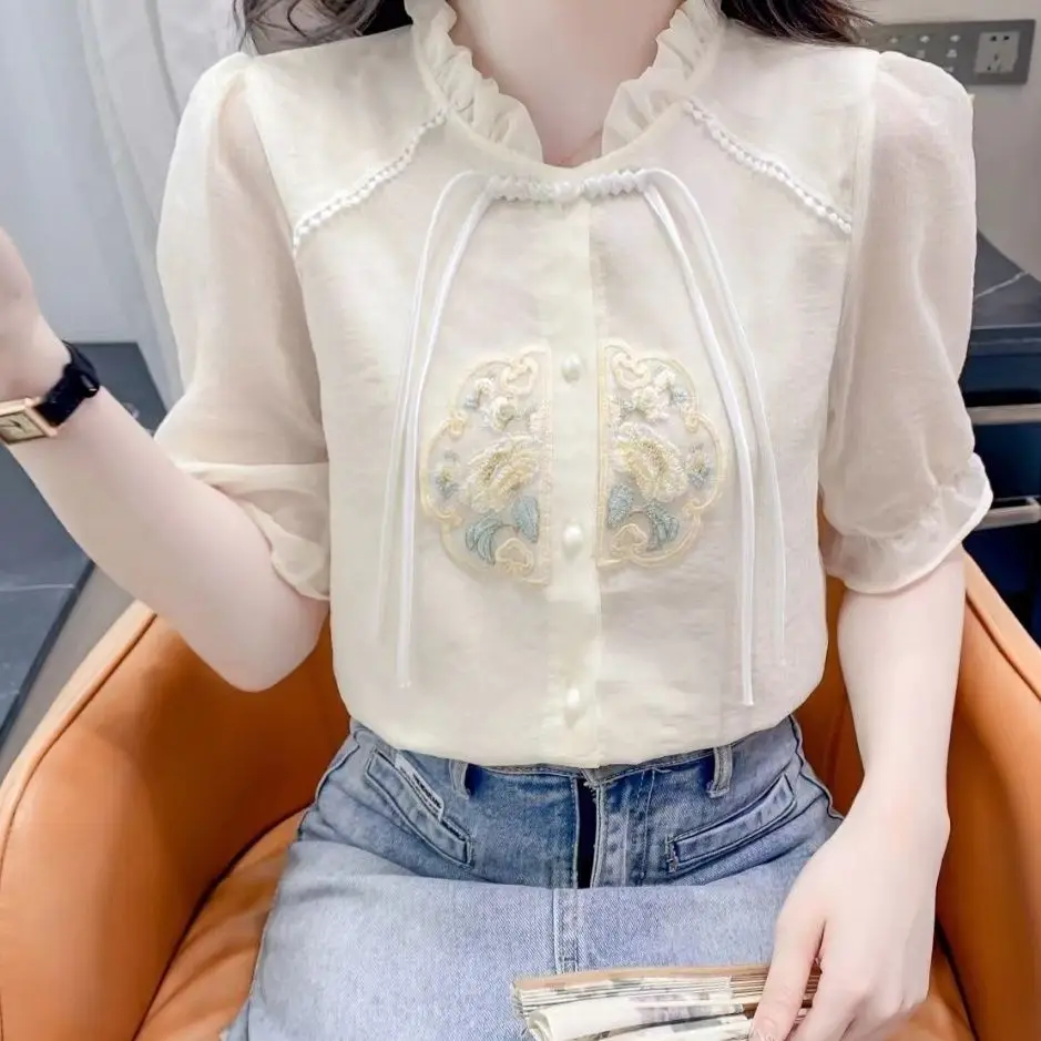Nationalen Stil Bestickt Kurzarm Shirt frauen Sommer Neue Mode Elegante Slim Fit Neue Chinesischen Stil Top