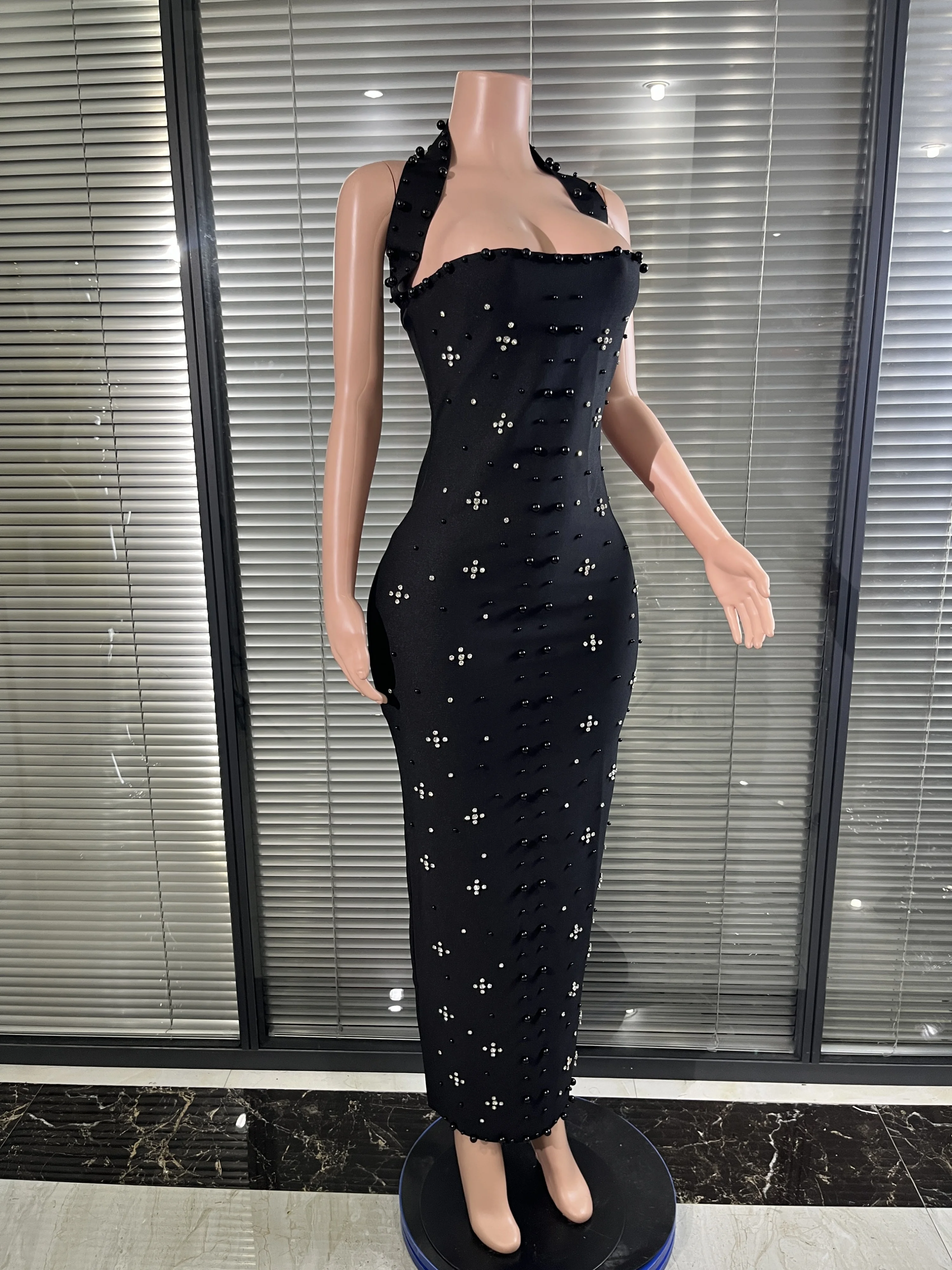 Elegant Refined Rhinestone Pearl Halter Backless Bodycon Bandage Long Dress Women Luxury Birthday Evening Gala Gowns