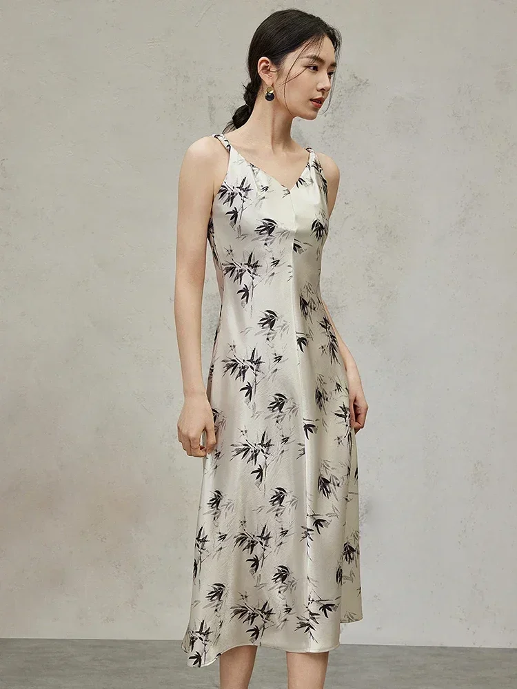 

SENTUBILA Women's Chinese Bamboo Print Dress 2025 Summer Spaghetti Straps A-line Sleeveless Midi Dresses Woman Clothes 142L54940