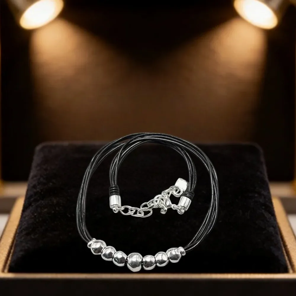 2026 Spanish Trendy Vacation Style Silver Beaded Leather Rope Necklace Jewelry Accessories Creative Gifts