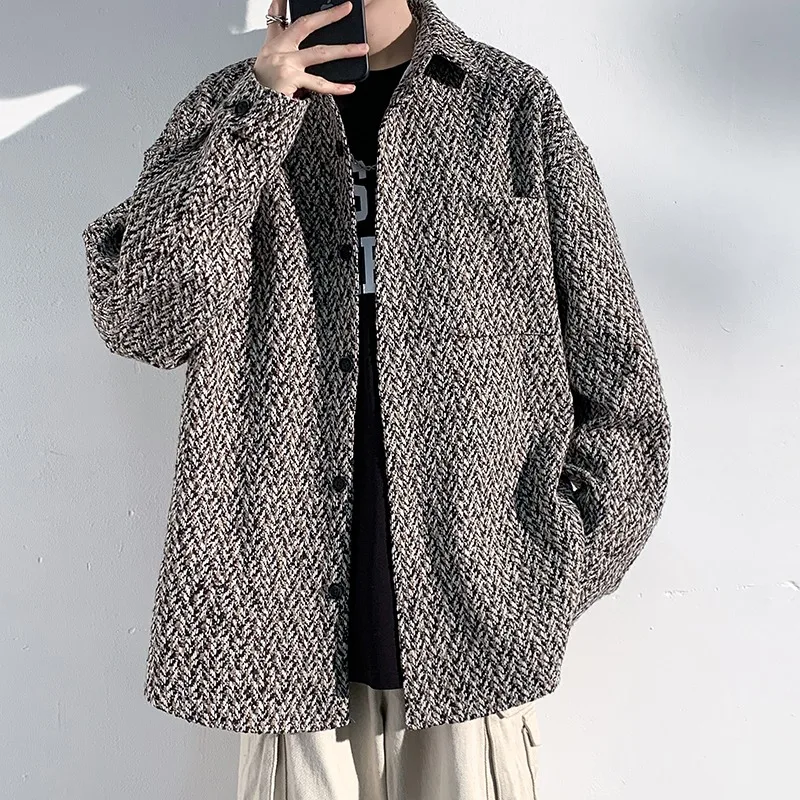 

Faionable Plaid Casual Open Cardigan Jaet Men's Large Size Korean Sle Collar Autumn Winter irt Youth ular Loose Fit