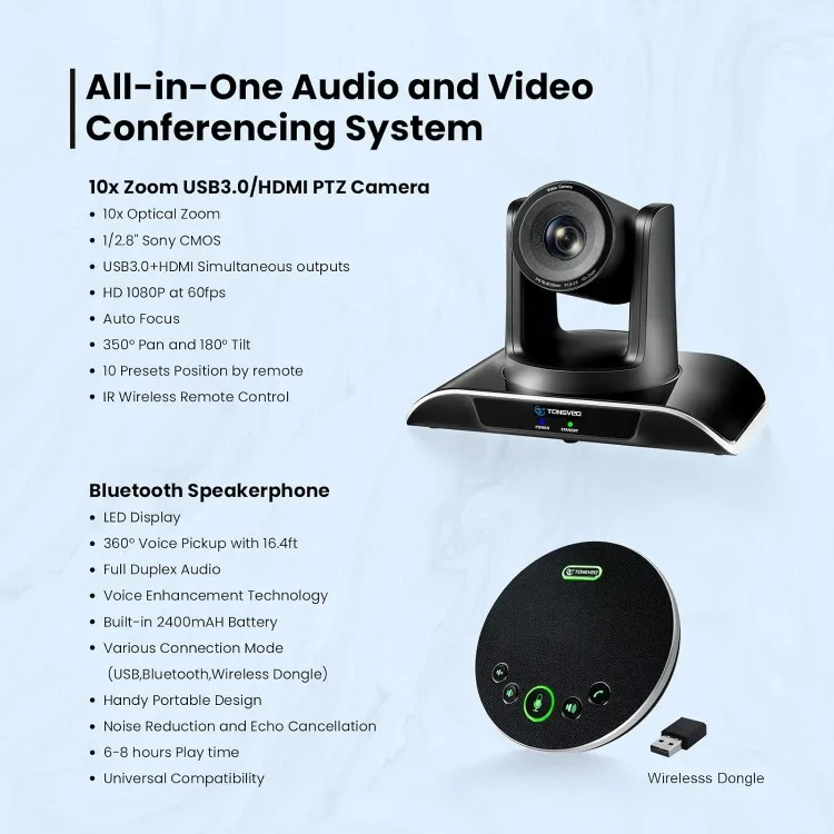 10x Zoom Conference Room Video Camera System, All-in-One HD 1080P 60fps 10X Optical Zoom USB3.0 HDMI PTZ Camera