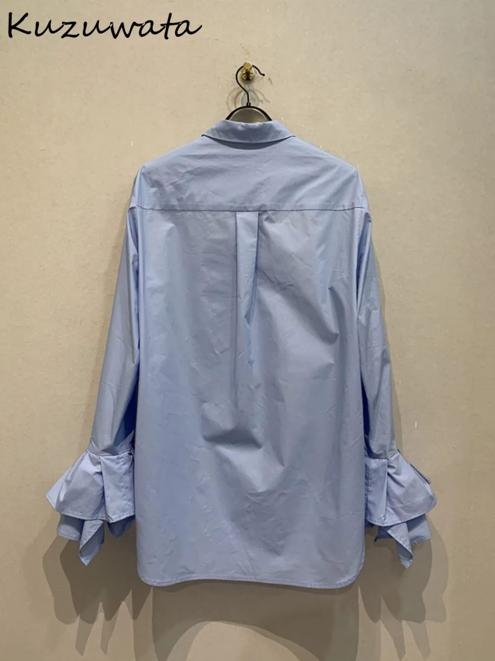 Kuzuwata Temperament Turn-Down Collar Butterfly Sleeve Solid Tops Loose Single Breasted Soft Simple Shirt Japan New Moda Blouses