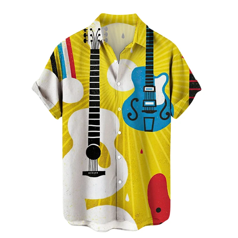 Music Guitar 3D Printed Shirts For Men Rock Hip Hop Tops Summer Male Short Sleeve  Beach Shirt Camisa Loose Casual Lapel Tops