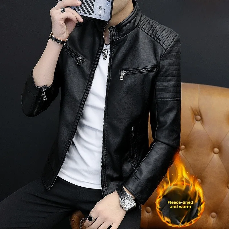 

Casual Stand Collar PU Leather Jaet Men's Autumn Winter New Loose Motorcycle Leather Jaet mid Youth Windproof Fce Lined