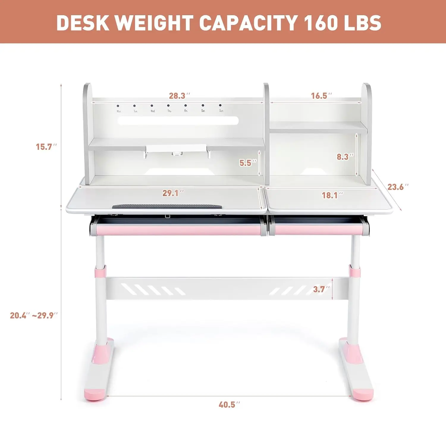 Adjustable Kids Desk with Hutch Storage Drawers 50° Tilt Desktop Height Adjust Age 5+ Reading Drawing Home School, Customized