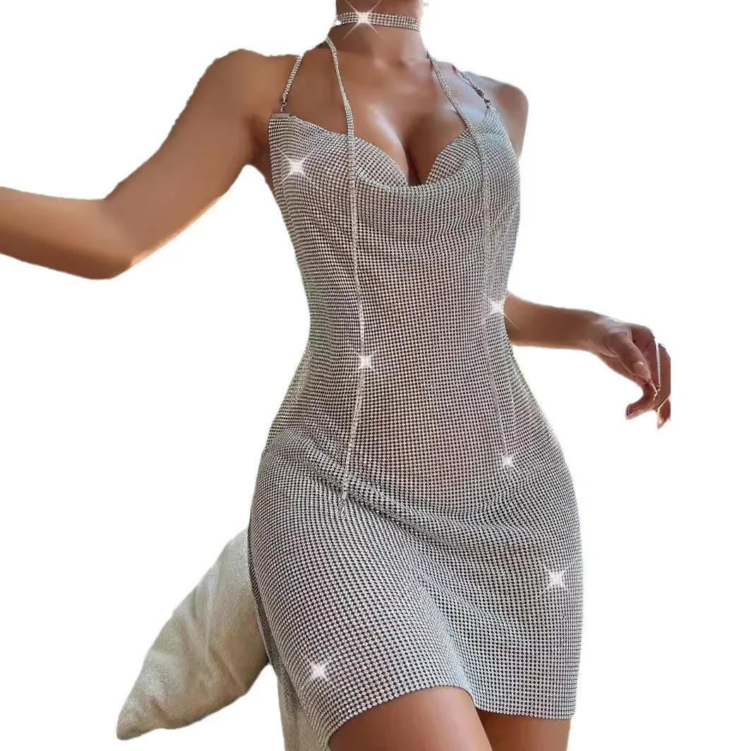 

Sexy Backless Metal Sequin Suspender V-Neck Hanging Neck With Diamond Studded Chain Slit Dress LBZ627-1