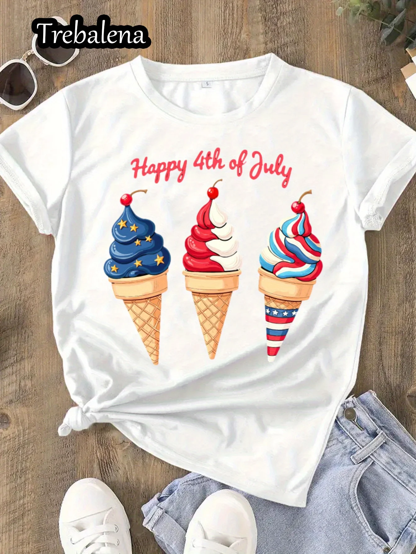 

Plus Size, Trebalena Women's Plus Size 100% Cotton Patriotic Ice Cream Graphic T-Shirt - Happy 4th of July Round Neck Short