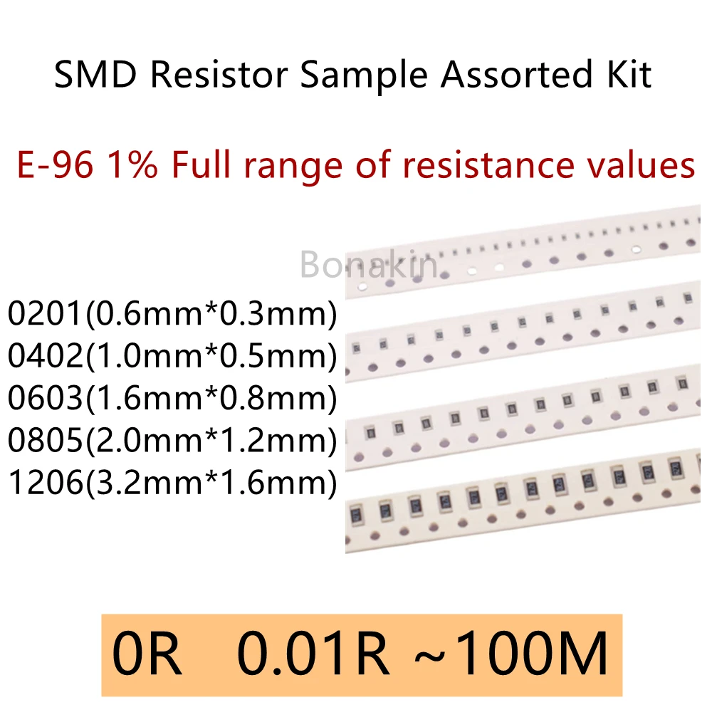 

E-96 1% Full range of resistance values 1206 0805 0603 0402 0201 SMD Resistor Sample Assorted Kit 0Ω 100R 1K 4.7K 5.1K 10K 100K