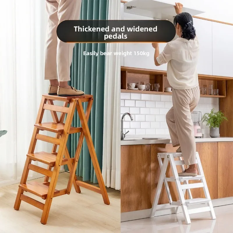 Indoor Storage Rack Household Ladder Multifunction Ladder Household Solid Wood Multifunctional Folding Ladder Three Step Stool