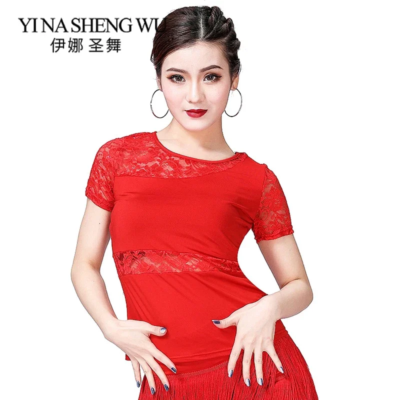 새로운 여성 라틴 댄스 레이스 탑 반팔 연습복 1Pc 스퀘어 댄스 현대 국가 표준 댄스 연습 의류