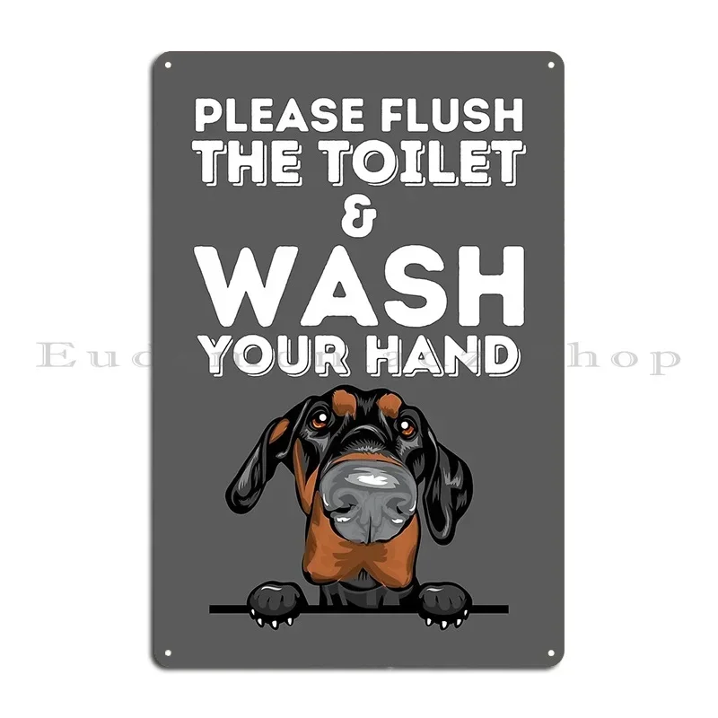 Please Flush The Toilet And Wash Your Hand Bathroom Decor Peeking Dog Metal Plaque Poster Party Club Designer Mural