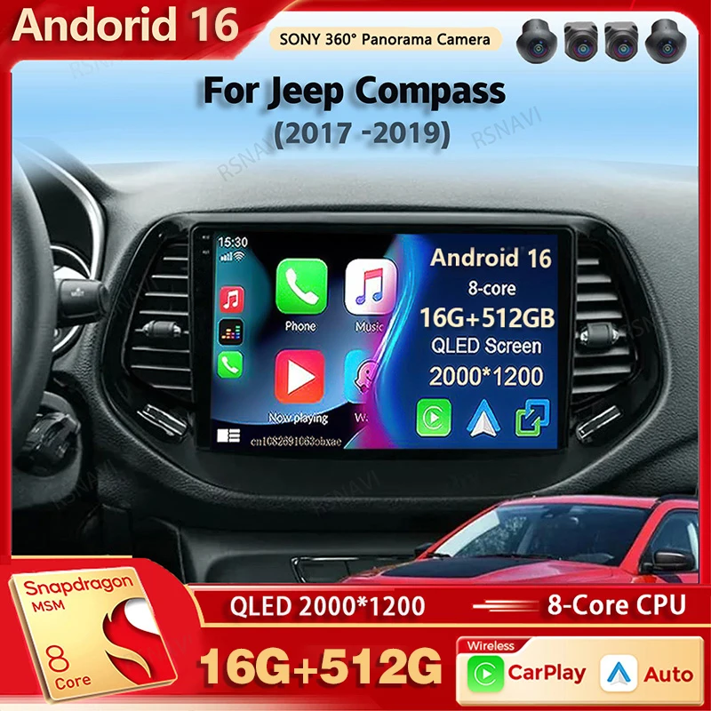 Android 16 Car Radio Multimedia Player For Jeep Compass 2017 2018 2019 Auto Carplay Car Stereo DSP wifi+4G Ai voice 2 Din BT Gps