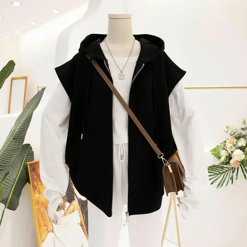 Basic Hooded Vests Women Cool Autumn Loose BF L-4XL Streetwear Harajuku Ulzzang All-match Unisex Sleeveless Overcoat Chic Trendy