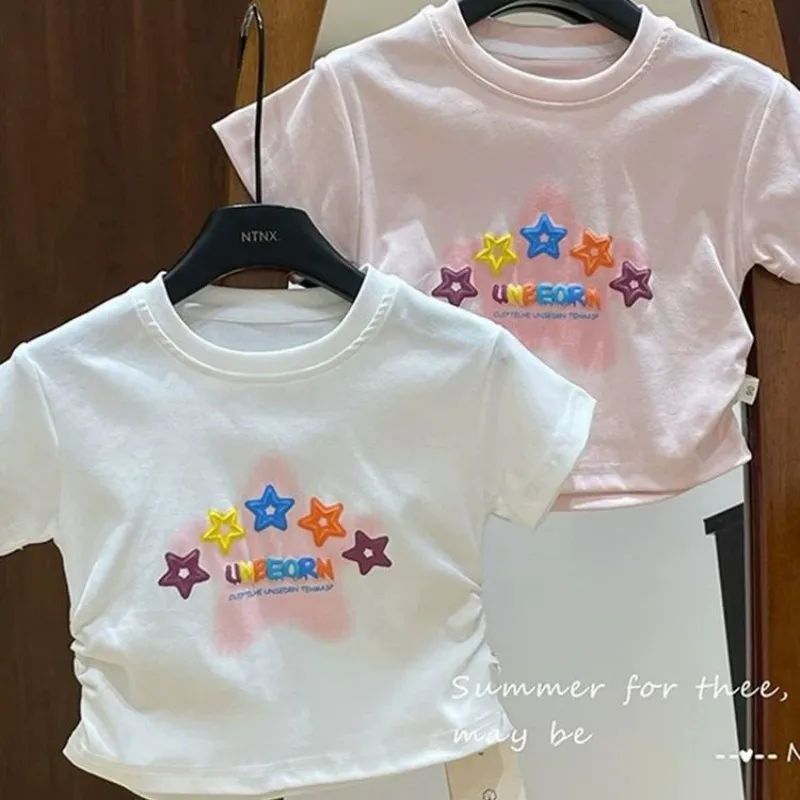 Girls' Summer Short sleeved T-shirt 2024 New Children's Baby Fashionable Girl's Waist Wrapped Half sleeved Top