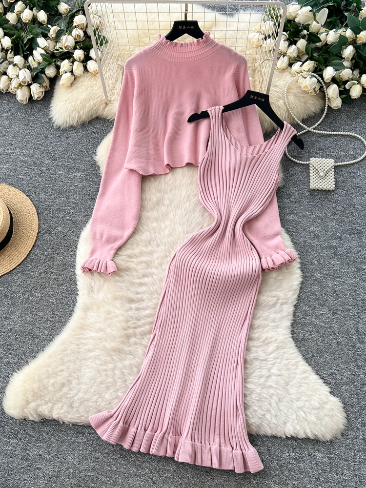 

Ele вязаный комплект из двух предметов для женщин, осень-зима, длинная верхняя одежда с высокой талией, кардиган, свитер, повседневная мода