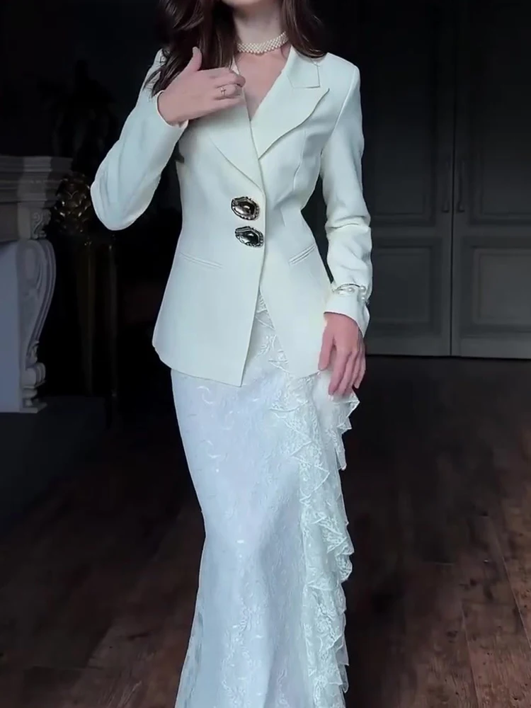 

Кружевная юбка-хаф с высокой талией, праздничный костюм, элегантный темпераментный однотонный наряд для вечеринки, осенне-зимний пиджак с длинными рукавами и лацканами, женские комплекты