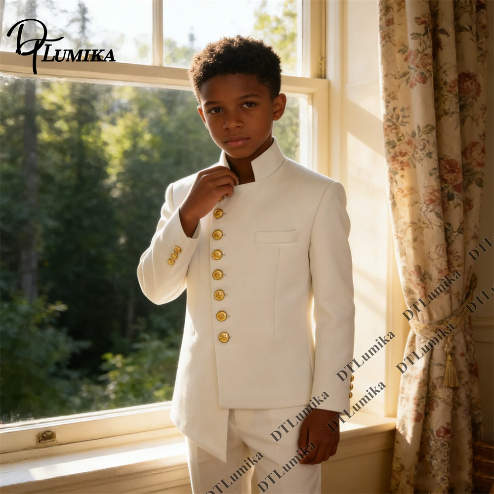 Elegant Boy Formal Suit Stand Collar Jacket with Gold Buttons Matching Pants Vintage Style Holiday Party Banquet Stage Show