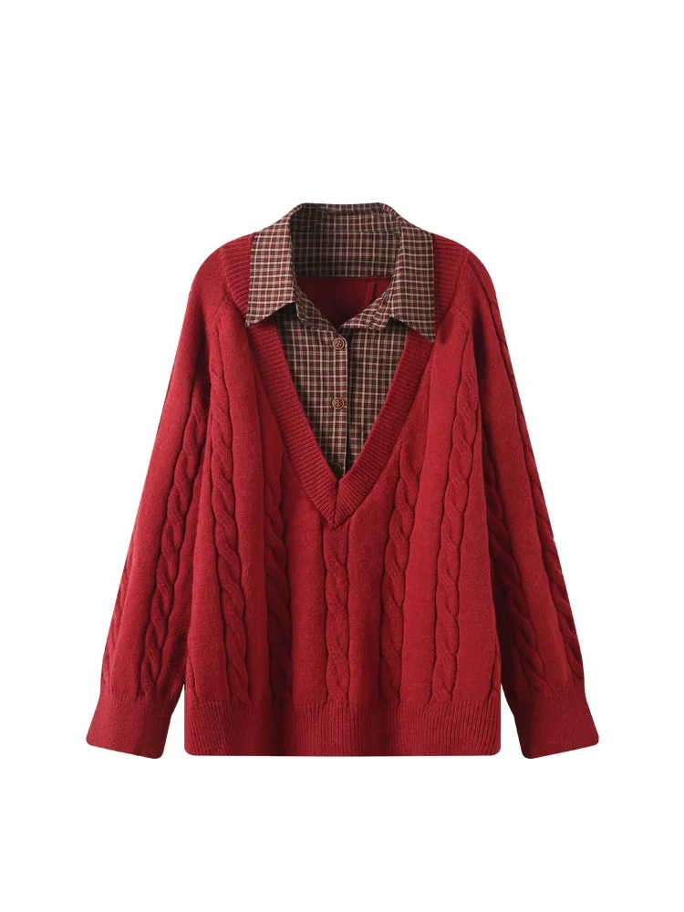 

Модный женский зимний свитер больших размеров с длинным рукавом, новинка, имитация двухслойности, вязаный, стройнящий, трендовый.