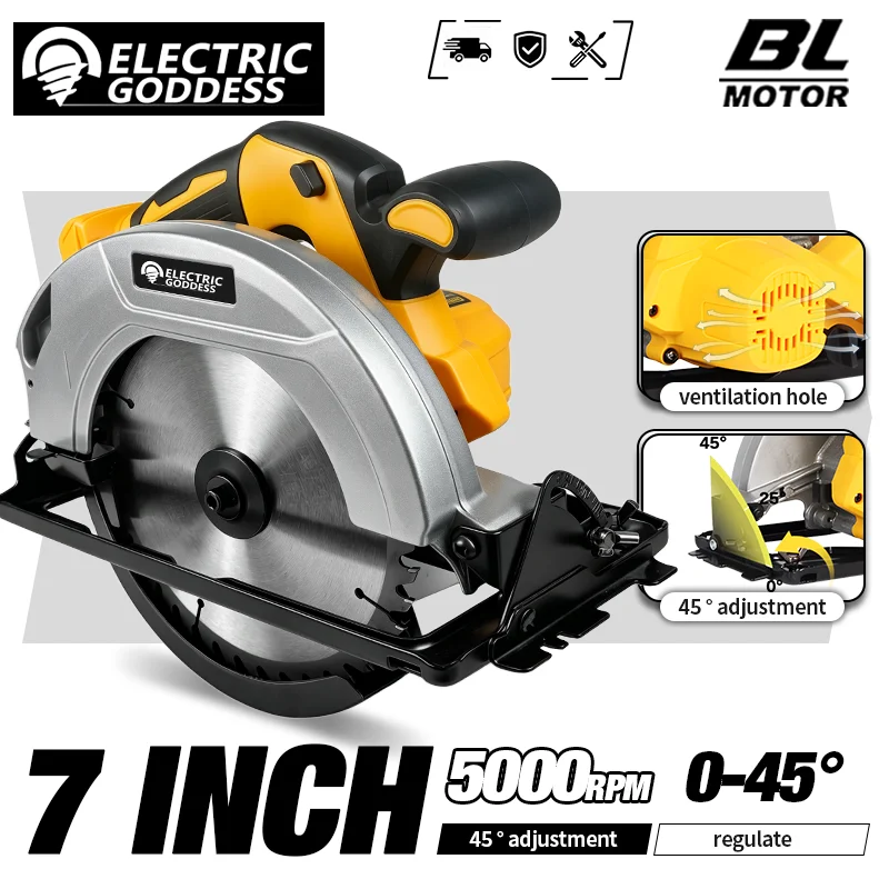 5000rpm 7inch Cordless Yellow Circular Saw Brushless Motor Multi-angle Cutting Woodworking Power Tool for Dewalt 20v Battery Pin