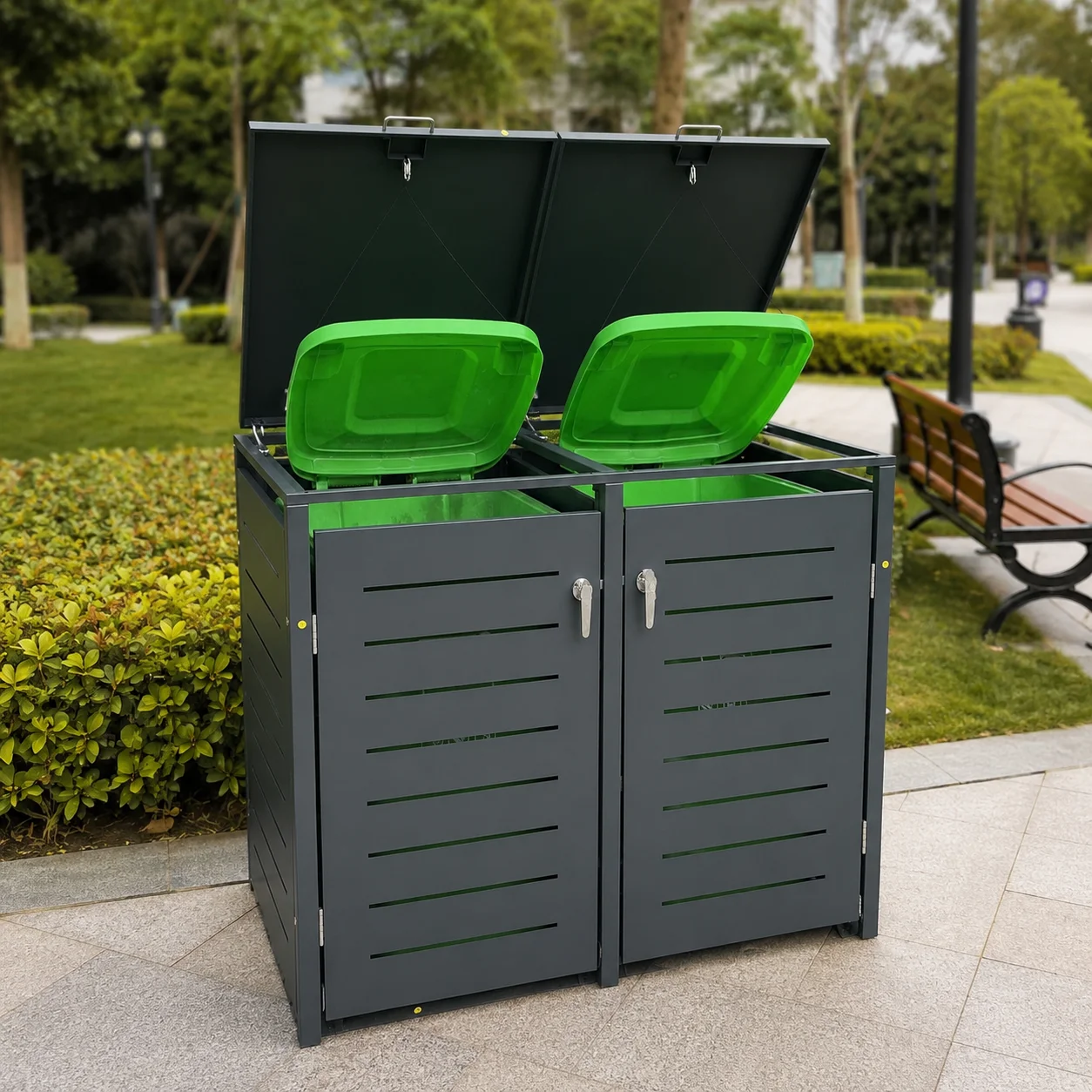 Dual Compartment Metal Waste Bin Storage Cabinet Lockable Outdoor Public Recycling Trash Enclosure For Park Community Street